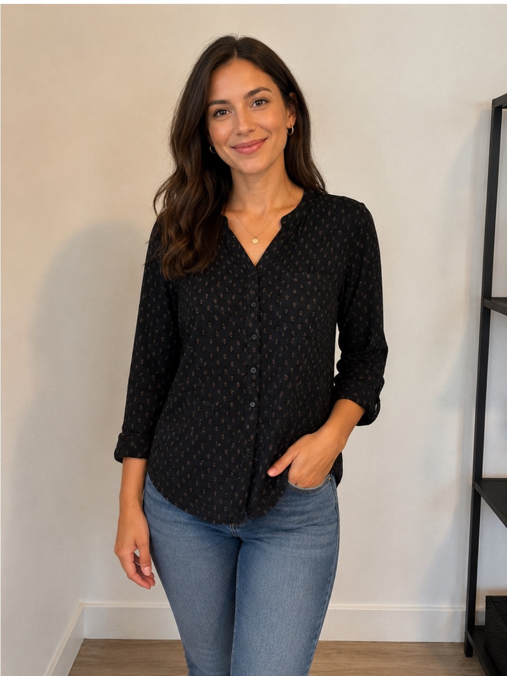 Free People Black Printed Button-Front Blouse – Size Small